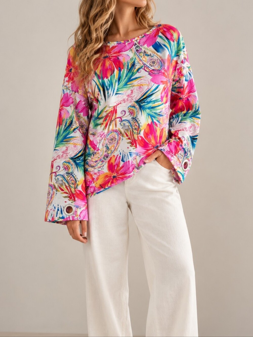 Kaktus Tropical Floral Paisley Cotton Top Grommet Bell Sleeves Large